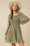 HY7655 Olive Womens Smocked Square Neck Floral Mini Dress Gif