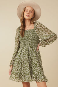 HY7655 Olive Womens Smocked Square Neck Floral Mini Dress Gif