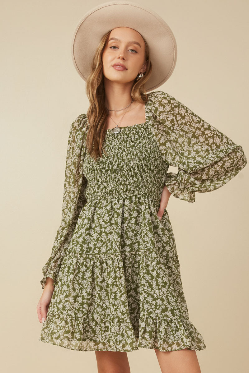 HY7655 Olive Womens Smocked Square Neck Floral Mini Dress Gif