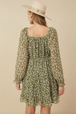 HY7655 Olive Womens Smocked Square Neck Floral Mini Dress Detail