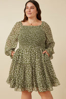 HY7655W Olive Plus Smocked Floral Square Neck Mini Dress Front