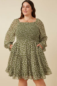 HY7655W Olive Plus Smocked Floral Square Neck Mini Dress Front