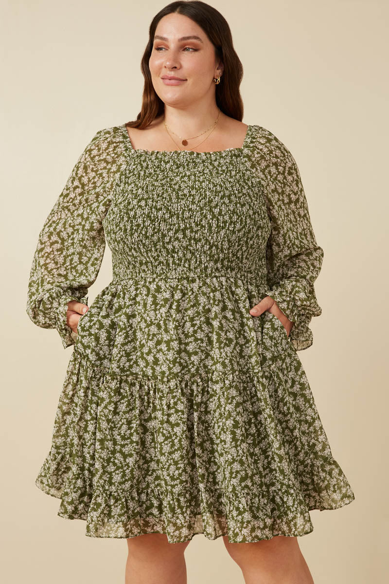 Smocked Floral Square Neck Mini Dress