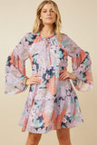 HY7660 Navy Womens Swiss Dot Floral Print Tie Neck Dress Front