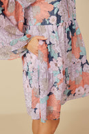 HY7660 Navy Womens Swiss Dot Floral Print Tie Neck Dress Full Body