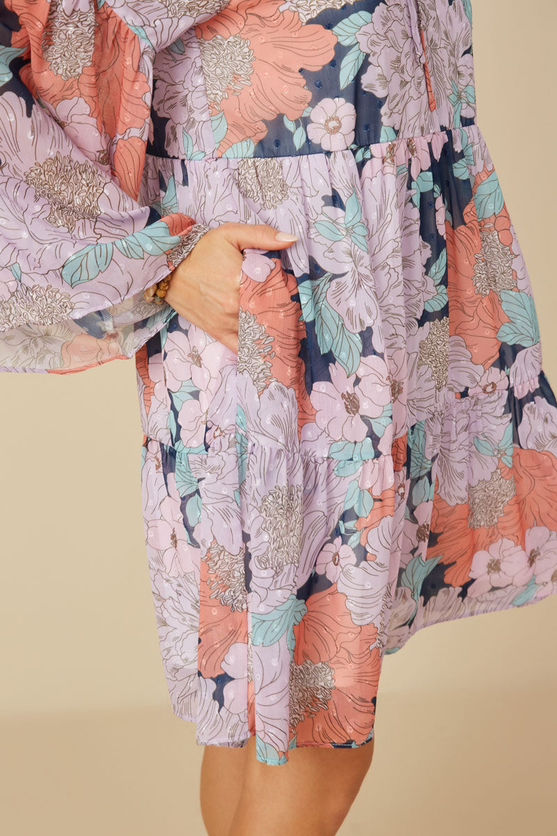 HY7660 Navy Womens Swiss Dot Floral Print Tie Neck Dress Full Body