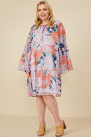 HY7660 Navy Womens Swiss Dot Floral Print Tie Neck Dress Back