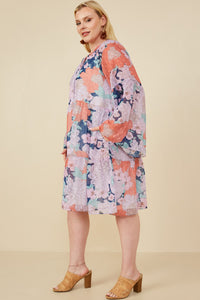 HY7660W Navy Plus Swiss Dot Floral Print Tie Neck Dress Gif