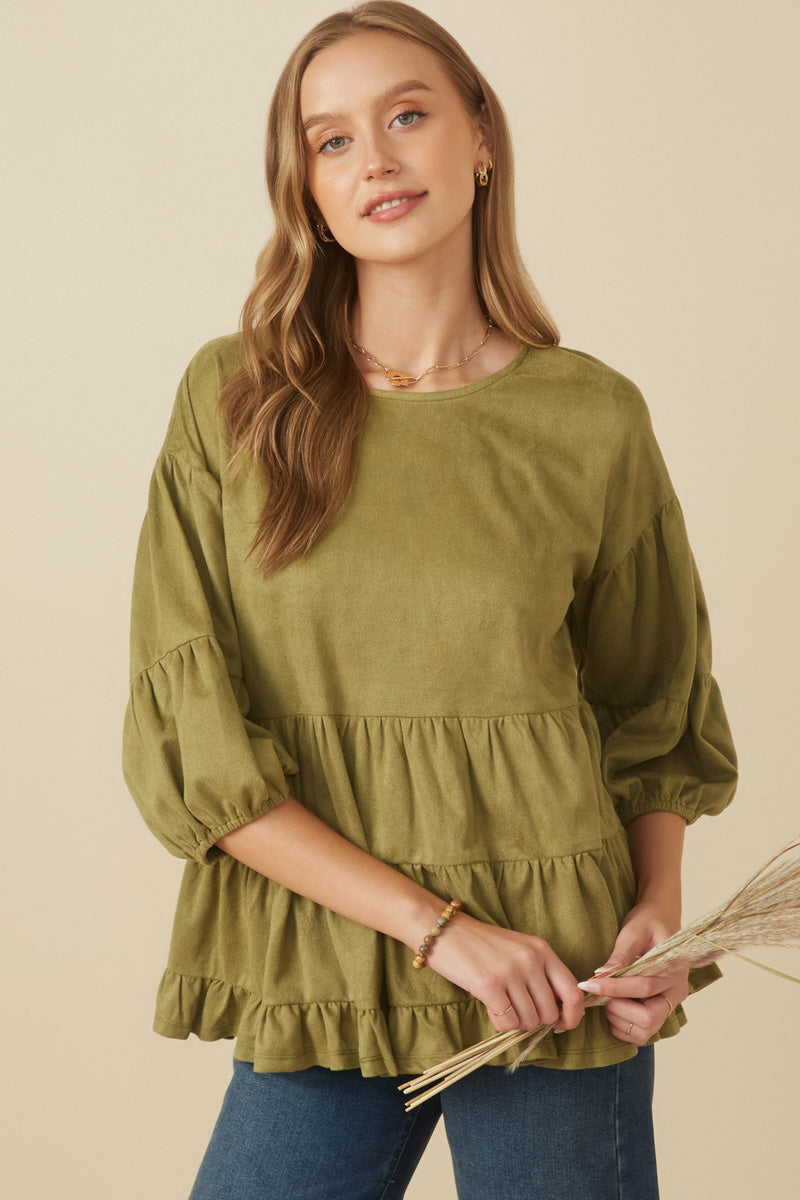 Vegan Suede Tiered Puff Sleeve Top