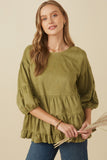 HY7663 Olive Womens Vegan Suede Tiered Puff Sleeve Top Front