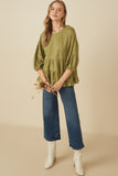 HY7663 Olive Womens Vegan Suede Tiered Puff Sleeve Top Gif