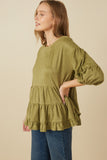HY7663 Olive Womens Vegan Suede Tiered Puff Sleeve Top Full Body