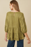 HY7663 Olive Womens Vegan Suede Tiered Puff Sleeve Top Side