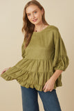 HY7663 Olive Womens Vegan Suede Tiered Puff Sleeve Top Back