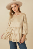 HY7663W Olive Plus Vegan Suede Tiered Puff Sleeve Top Detail