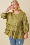 HY7663W Olive Plus Vegan Suede Tiered Puff Sleeve Top Front
