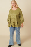 HY7663 Olive Womens Vegan Suede Tiered Puff Sleeve Top Front 2