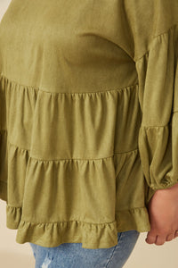 HY7663W Olive Plus Vegan Suede Tiered Puff Sleeve Top Detail