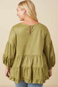 HY7663W Olive Plus Vegan Suede Tiered Puff Sleeve Top Back