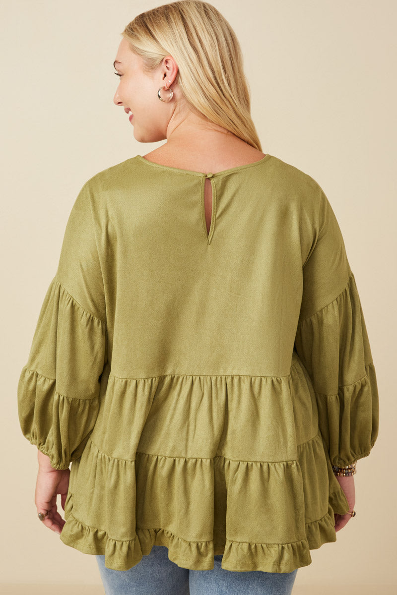 HY7663W Olive Plus Vegan Suede Tiered Puff Sleeve Top Back