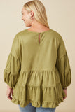 HY7663W Olive Plus Vegan Suede Tiered Puff Sleeve Top Full Body