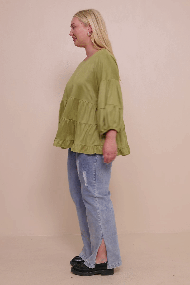 HY7663W Olive Plus Vegan Suede Tiered Puff Sleeve Top Gif