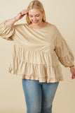 HY7663 Taupe Womens Vegan Suede Tiered Puff Sleeve Top Front