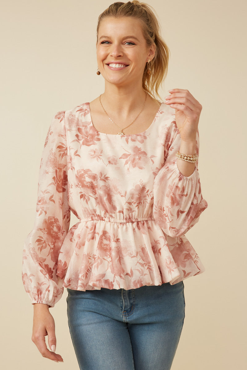 HY7665W Taupe Plus Satin Floral Long Sleeve Peplum Top Side