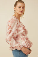 HY7665 Taupe Womens Satin Floral Long Sleeve Peplum Top Full Body