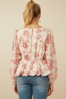 HY7665 Taupe Womens Satin Floral Long Sleeve Peplum Top Side