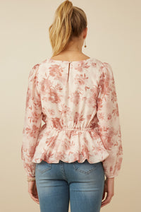 HY7665 Taupe Womens Satin Floral Long Sleeve Peplum Top Side