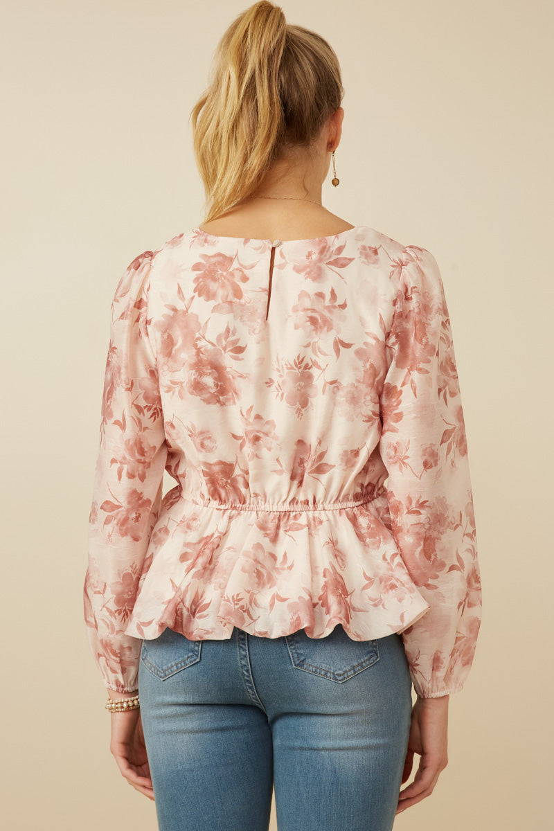 HY7665 Taupe Womens Satin Floral Long Sleeve Peplum Top Side