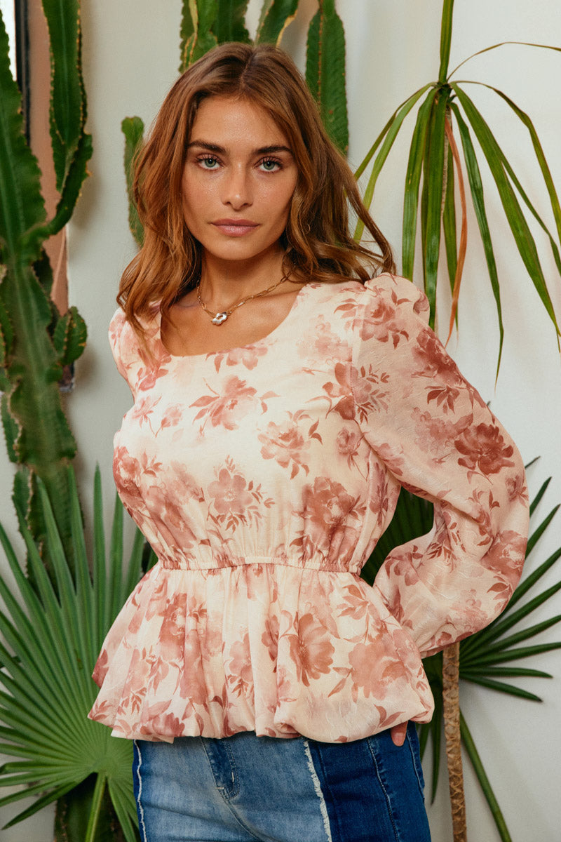 Satin Floral Long Sleeve Peplum Top