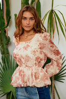 HY7665 Taupe Womens Satin Floral Long Sleeve Peplum Top Front