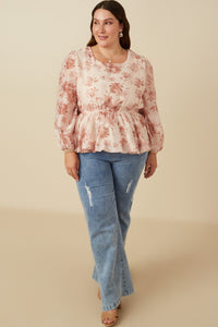 HY7665 Taupe Womens Satin Floral Long Sleeve Peplum Top Front 2