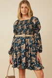 HY7667W Teal Plus Floral Peasant Sleeve Square Neck Dress Side