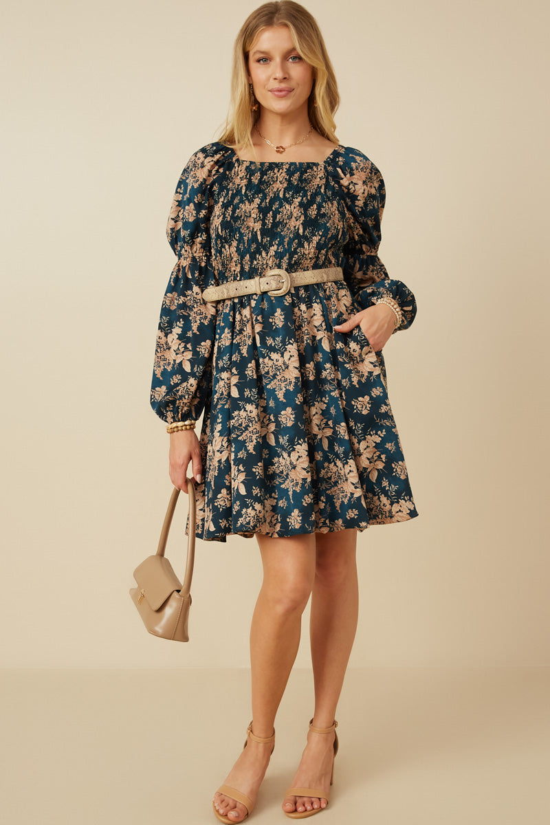 Womens Floral Peasant Sleeve Dress