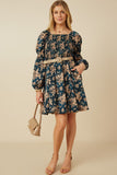 HY7667 Teal Womens Floral Peasant Sleeve Square Neck Dress Gif
