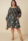 HY7667 Teal Womens Floral Peasant Sleeve Square Neck Dress Side