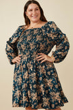 HY7667W Teal Plus Floral Peasant Sleeve Square Neck Dress Detail
