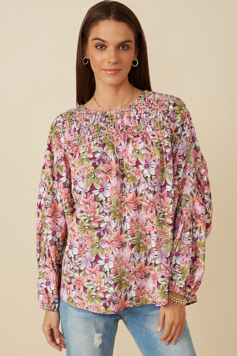 Floral Smocked Yoke Dolman Sleeve Top