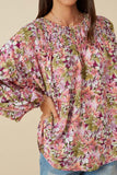 HY7673 Purple Womens Floral Smocked Yoke Dolman Sleeve Top Full Body