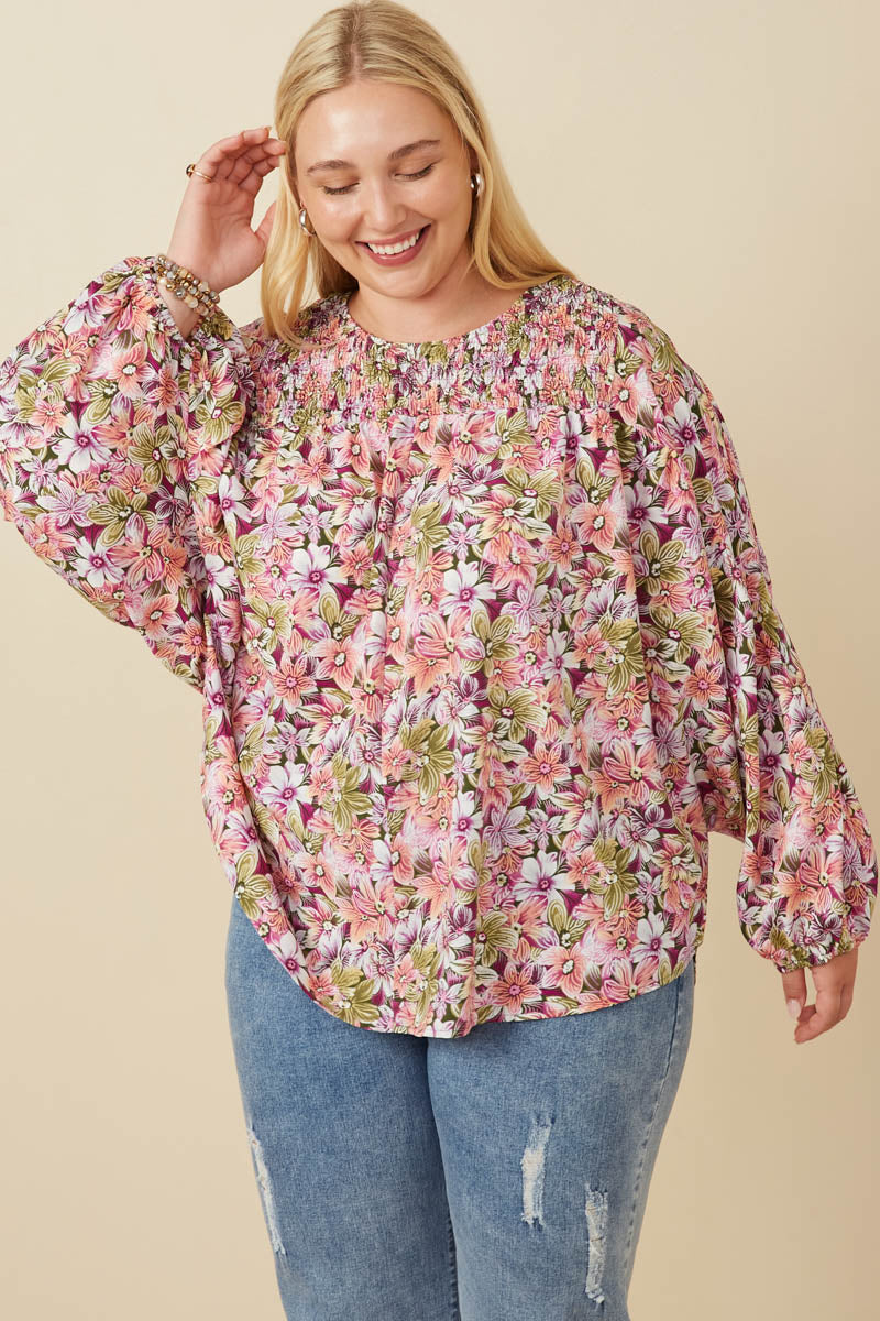 Floral Smocked Yoke Dolman Sleeve Top