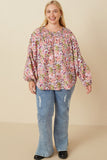 HY7673 Purple Womens Floral Smocked Yoke Dolman Sleeve Top Back