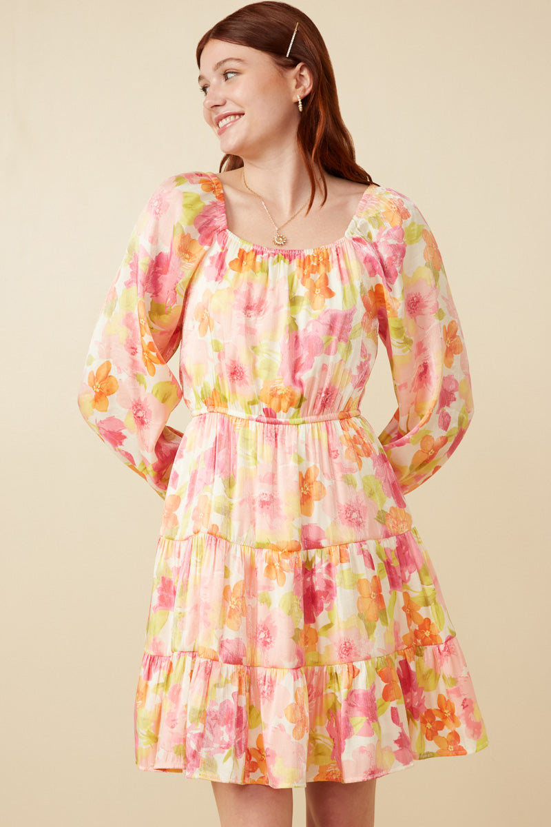 Womens Floral Peasant Sleeve Dress| Boho Inspired Inclusive Outfits Pink Mix / M Pink Mix *Women's Dresses Casual Dresses Hayden Los Angeles
