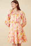 HY7674W Pink Mix Plus Lurex Floral Square Neck Peasant Sleeve Dress Front