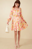 HY7674 Pink Mix Womens Lurex Floral Square Neck Peasant Sleeve Dress Gif
