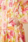 HY7674 Pink Mix Womens Lurex Floral Square Neck Peasant Sleeve Dress Full Body