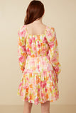 HY7674 Pink Mix Womens Lurex Floral Square Neck Peasant Sleeve Dress Detail