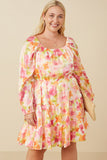 HY7674 Pink Mix Womens Lurex Floral Square Neck Peasant Sleeve Dress Front